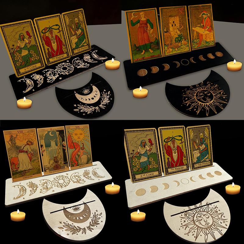 Decor A Set Altar Stand Wood Display Moon Shape Rectangle Card Wooden Stand for Tarot