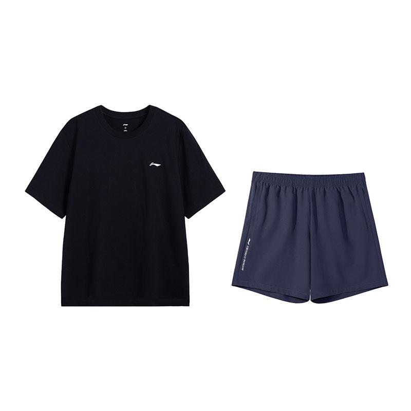 Li-Ning Модный универсальный свободный дышащий короткий рукав удобные шорты повседневный спортивный костюм мужской костюм Черный Сине-синий B61-1+W513-2