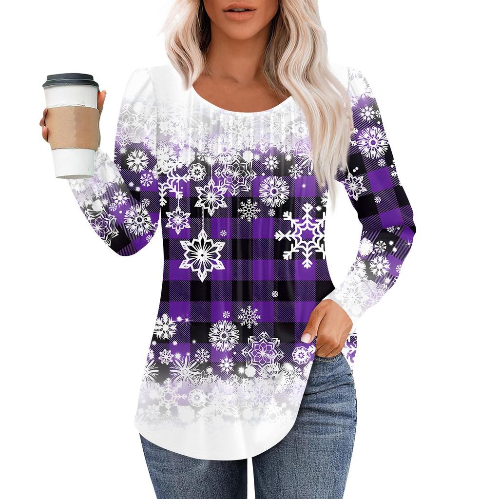 Рубашки с длинным рукавом для женщин, топы, нарядные повседневные блузки с рождественским принтом, плиссированные туники с круглым вырезом
