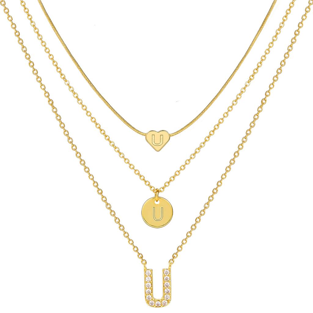 17KM 3 Pcs Plated Heart Initial Necklace Sets for Women Fashion Multilayer Letter Choker Necklaces Copper Metal Jewelry Gift