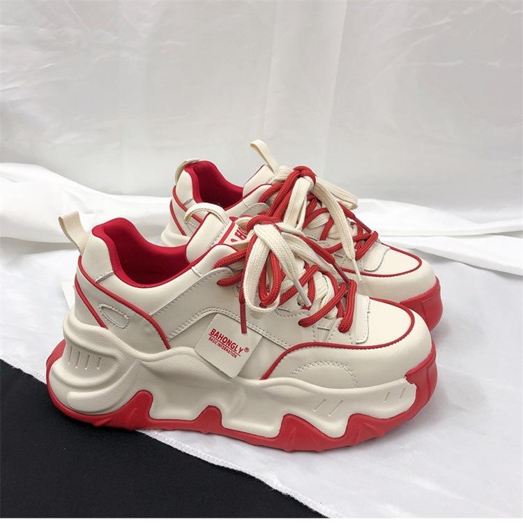 Chic Women's Dad Sneakers - Trendy Thick Sole, Height-Boosting Casual Sneakers with Plaid & Brogue Details, Lace-Up, Breathable Fabric