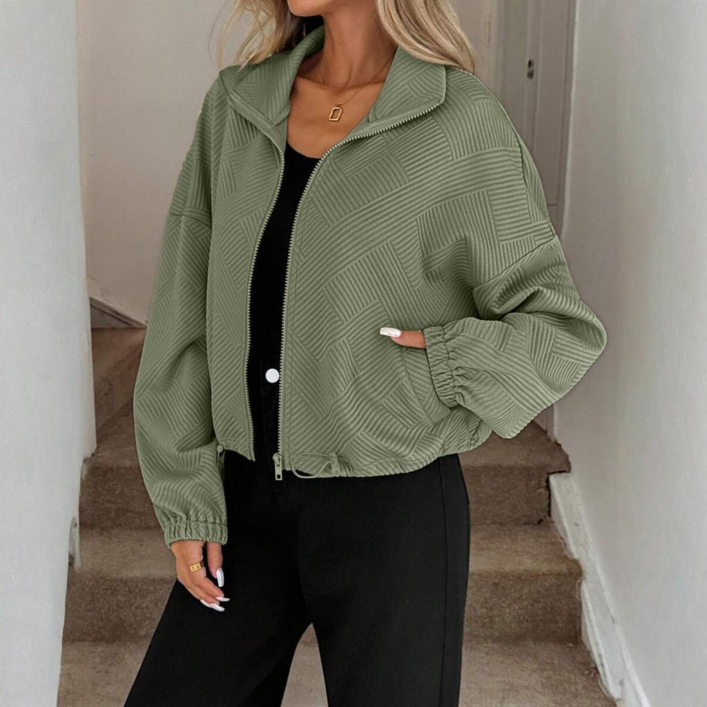 Women's Fashionable Solid Color Long Sleeved High Neck Zipper Hem Drawstring Pocket Loose Baseball Jacket