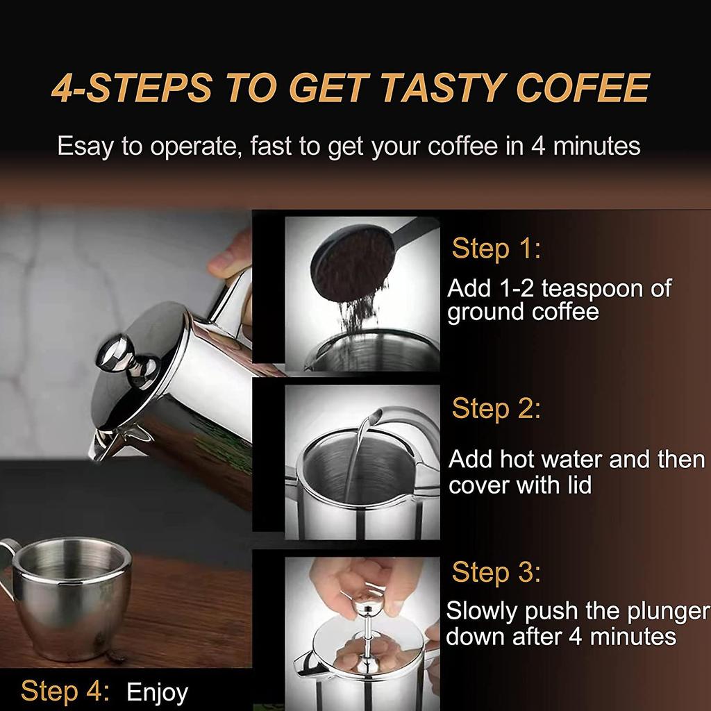 1 Liter (8 Cups), 304 Stainless Steel Double Wall Insulated French Press Coffee