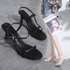 2024 Summer Low Sandals Woman Leather Suit Female Beige Women’s Shoes High Heels Low-heeled Black Comfort New Stiletto Girls Fas