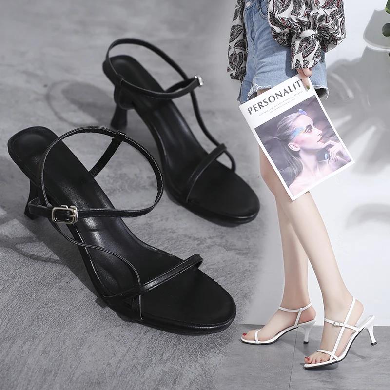 2024 Summer Low Sandals Woman Leather Suit Female Beige Women’s Shoes High Heels Low-heeled Black Comfort New Stiletto Girls Fas
