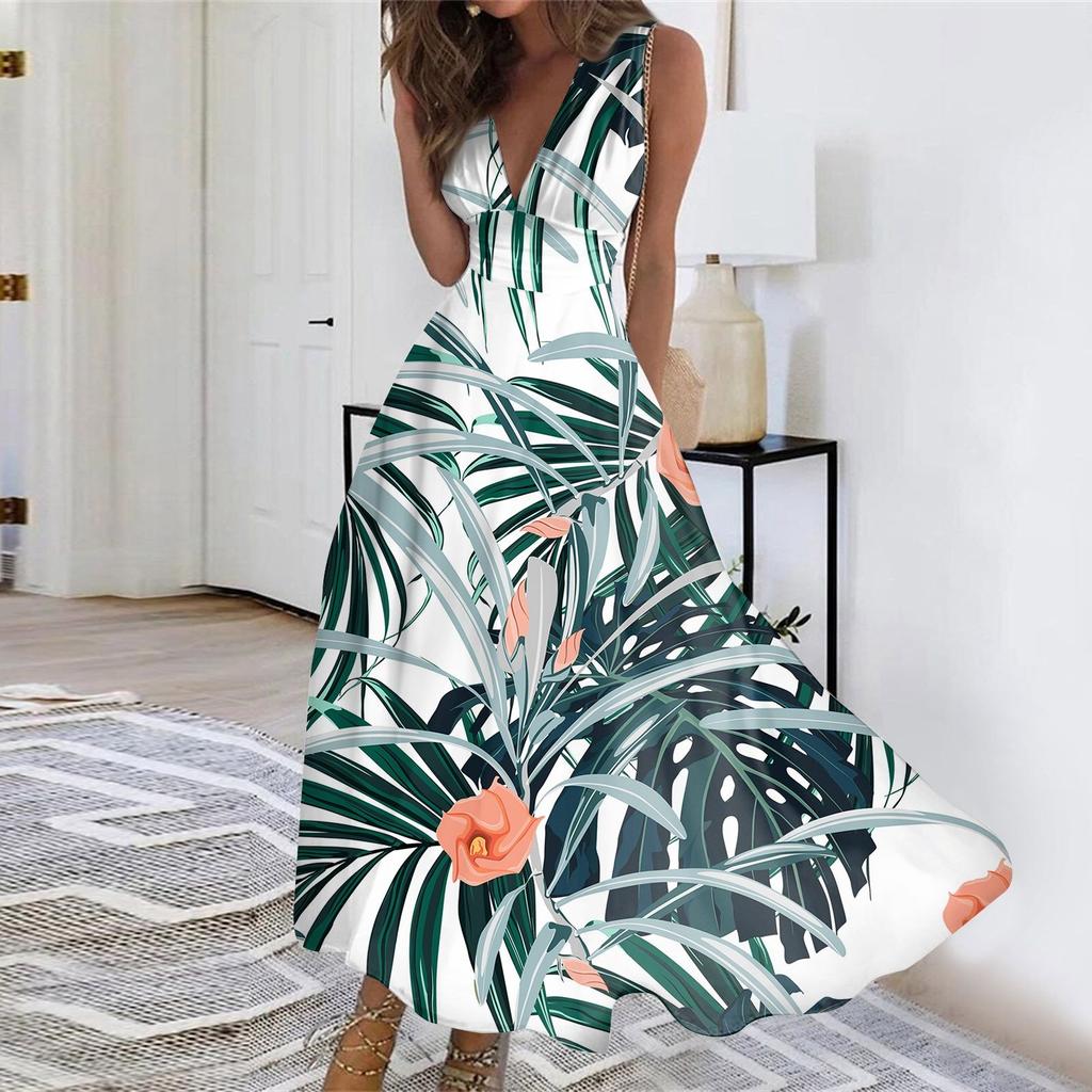 Women's Summer Fashion Hawaiian Print V-Neck Sleeveless Tunic Casual Dresses