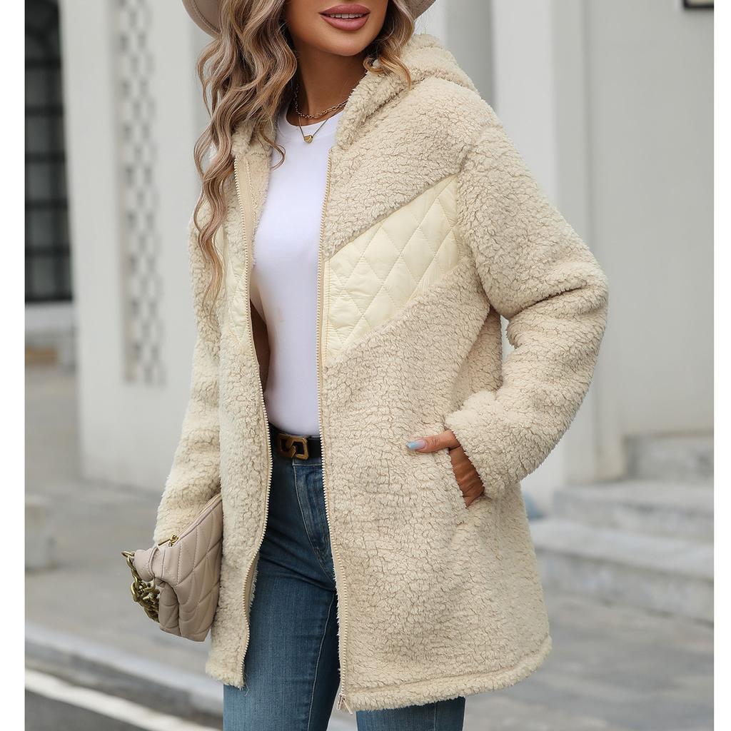 Женская свободная куртка с капюшоном из толстого плюша на молнии в стиле пэчворк на осень и зиму
