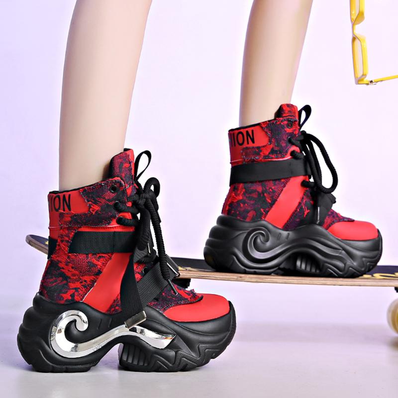 Fashion Fashion Chunky Platform Motorcycle Boots Women Denim Patchwork Lace Up Ankle Boots Woman Thick Bottom Non-Slip Punk Gothic Shoes