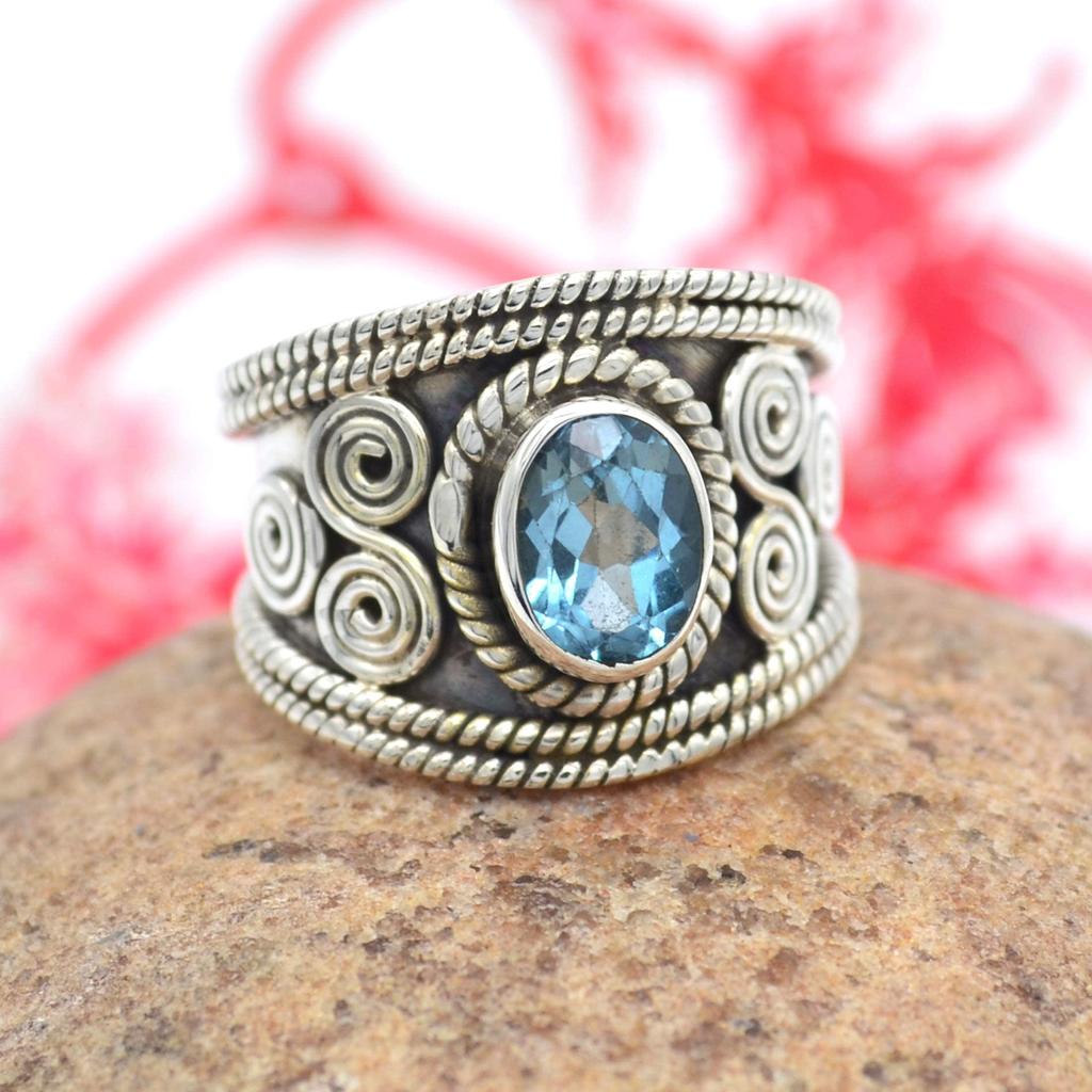 Кольцо с натуральным голубым топазом, полудрагоценное серебряное кольцо в стиле бохо, серебряное кольцо, кольцо из стерлингового серебра 925 пробы, старинное кольцо с небесным камнем (9,75)