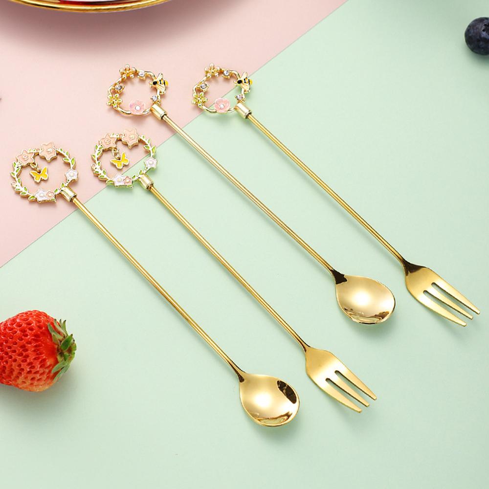 4Pcs 304 Stainless Steel Coffee Spoon Watermelon Ice Cream Spoon Tea Spoons Dessert Spoon Fork With Pretty Pendant Creative Tableware