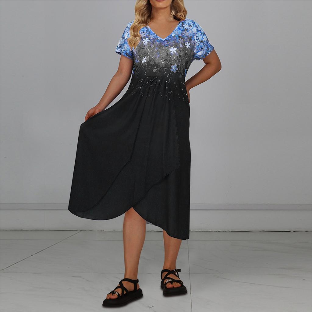 Женское повседневное большое длинное платье с v-образным вырезом и молнией с короткими рукавами и вставками с принтом