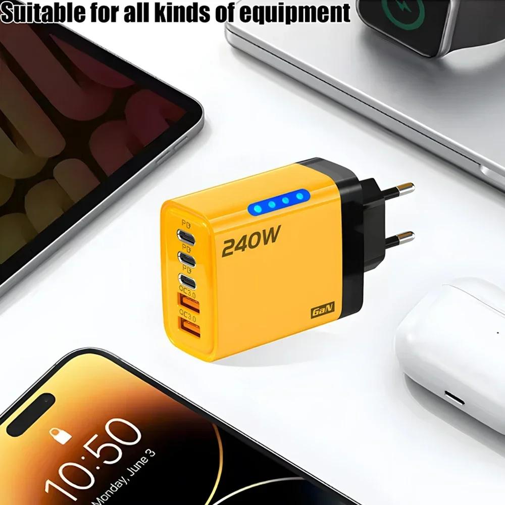 5 in 1 240W GaN Fast Charger With LED Light 2USB+3Type-C Multi Port Phone Charger for iPhone 16 15 Pro Samsung Huawei Xiaomi 15