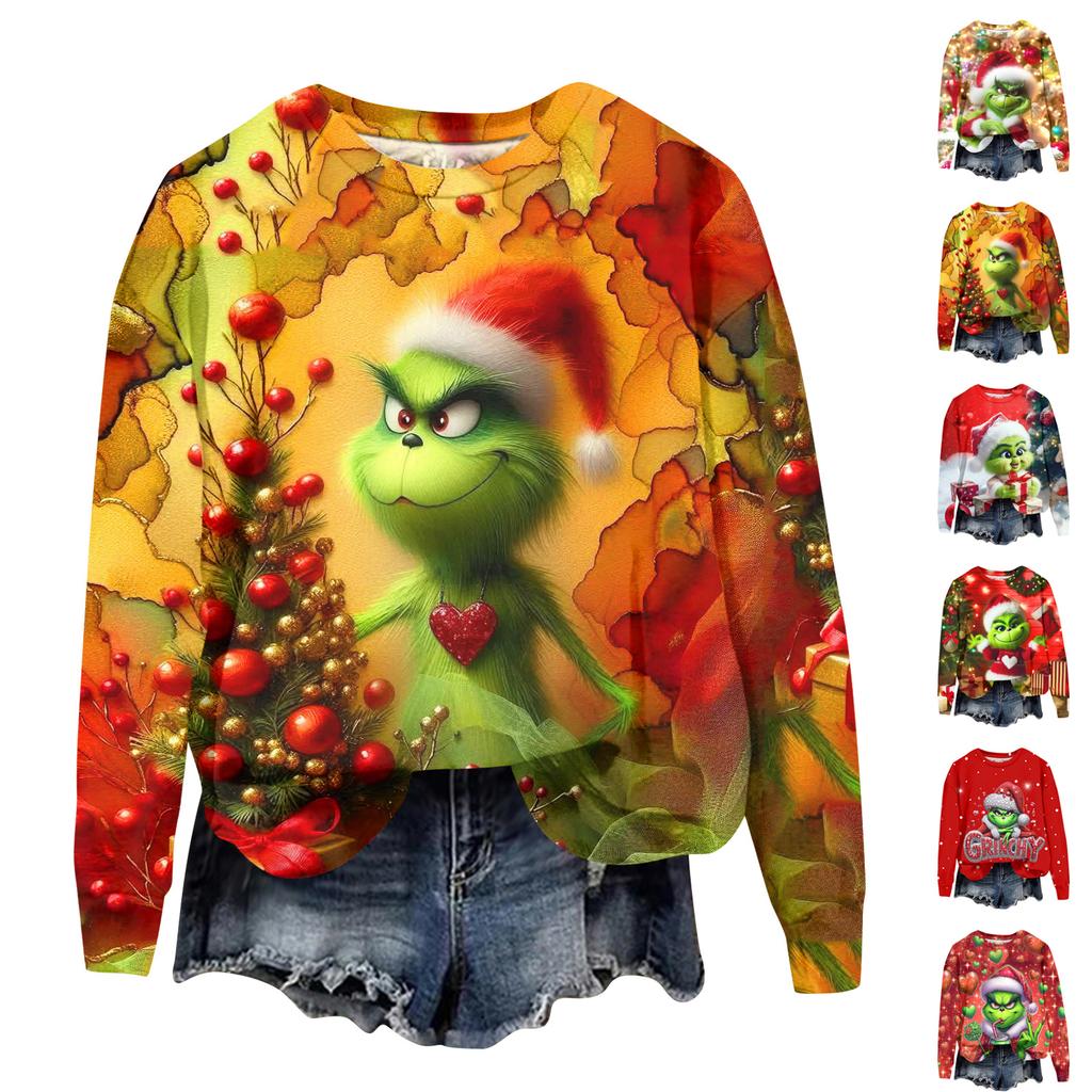 Ladies' Christmas Greentown Print Casual Long Sleeved Round Neck Sports Hoodie Top