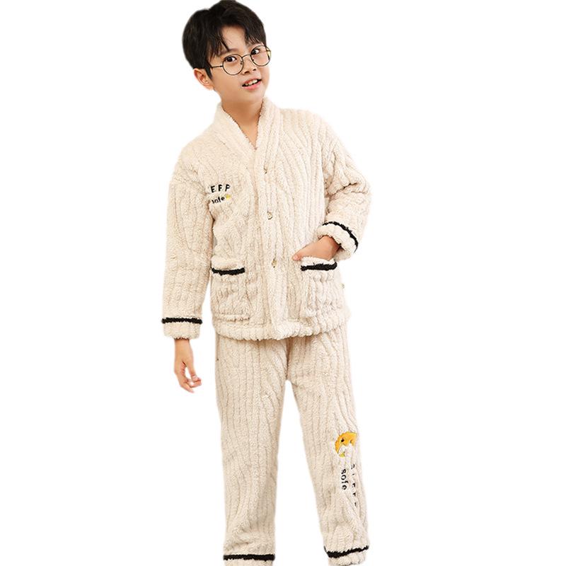 Boys' Coral Fleece Pajama Set - Velvet Flannel for Fall/Winter