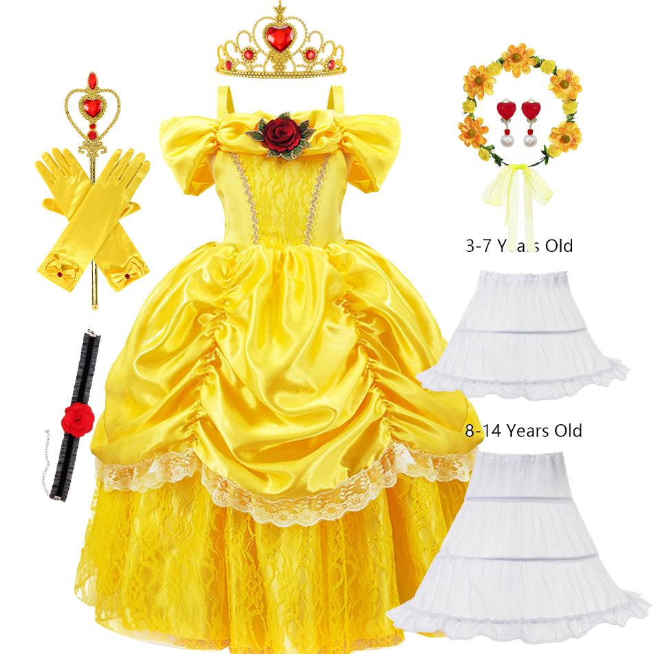 Girls Belle Princess Dress Yellow Party Dress Puff Sleeve Ruched Bodice Lace Hem Princess Gown for Kids Halloween Cosplay Party