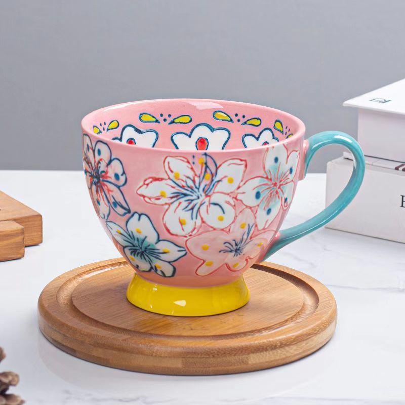 Керамическая чашка для воды с рельефным рисунком, чашка для завтрака с цветочным рисунком, европейская чашка для хлопьев, большая чашка с рисунком, креативная чашка