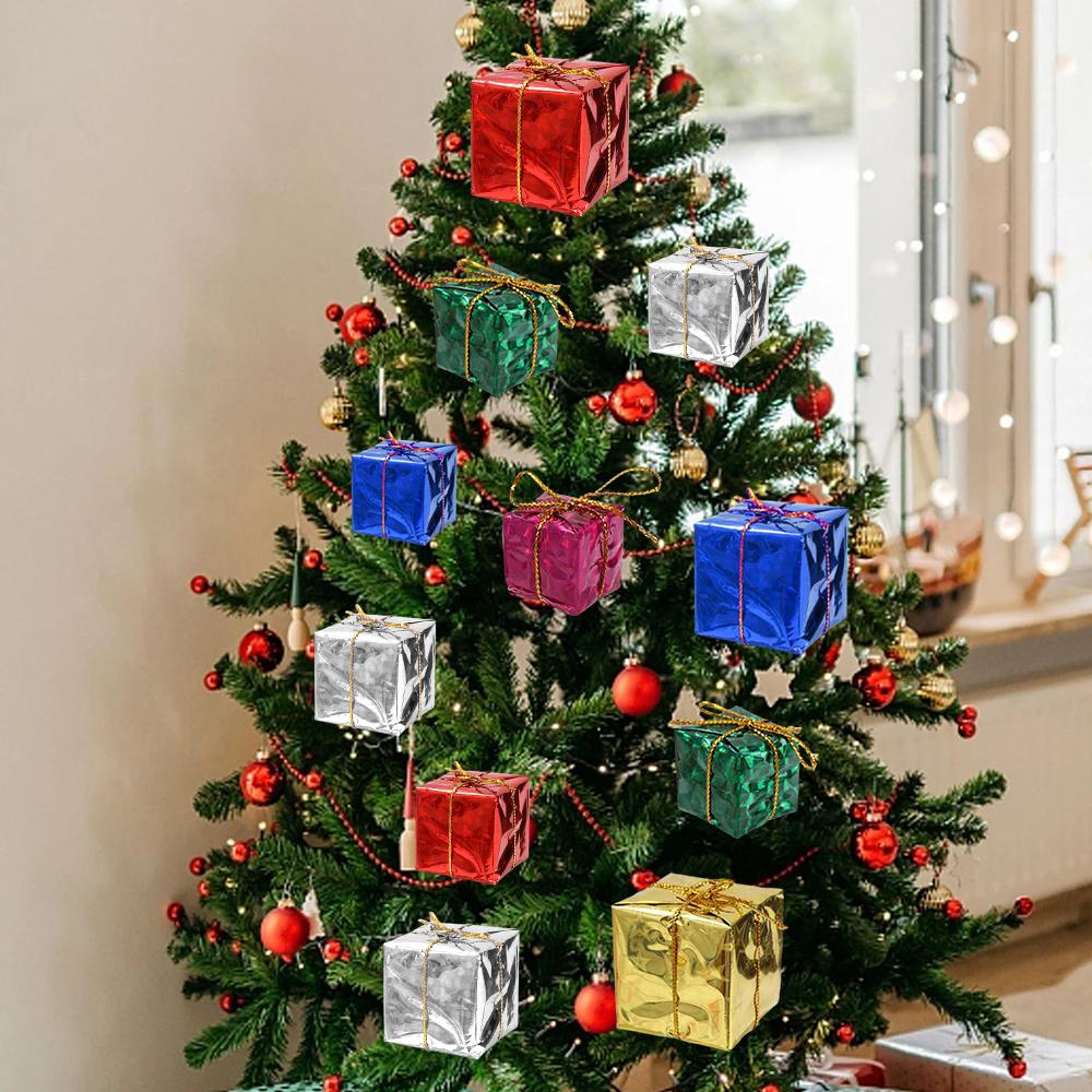 12/36pc Shiny Mini Box Christmas Ornaments Wrapped Present Small Gift Boxes Xmas Tree Hanging Pendant New Year Party Decoration