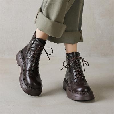 Модные новые осенне-зимние женские ботинки из натуральной кожи с круглым носком, женская модная обувь, ботильоны на среднем каблуке, шнуровка, боковая молния, ботинки на платформе