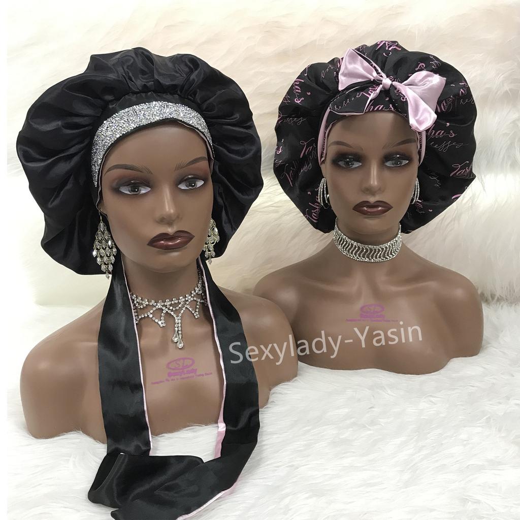 Double Layer Sleeping Bonnet with Diamond Silk Designer Bonnets with Long Tie Satin Hair Bonnet