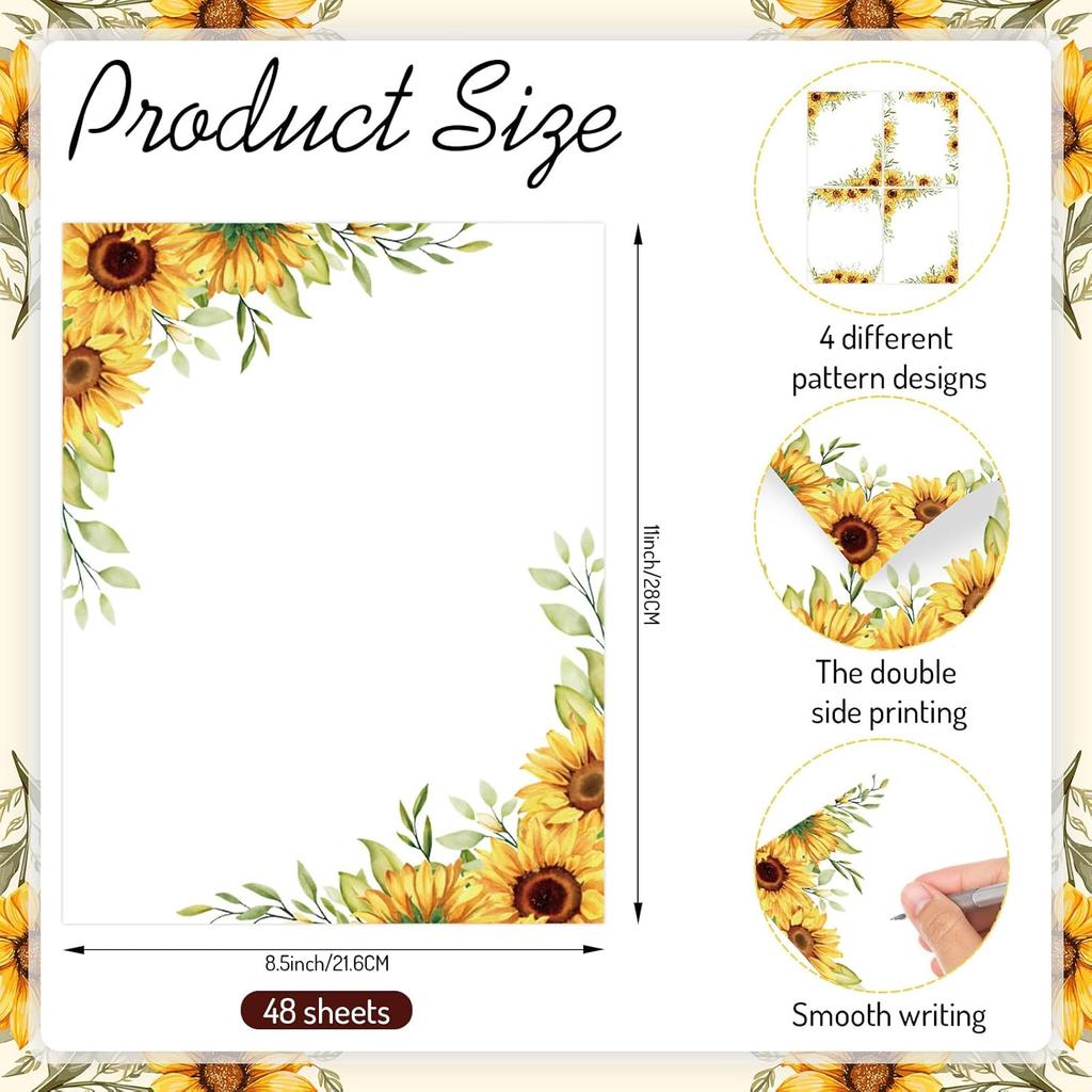 AnyDesign 48 Sheet Sunflower Border Stationery Writing Paper Watercolor Sunflower Letterhead Paper Floral Border Greeting Paper for Wedding Party