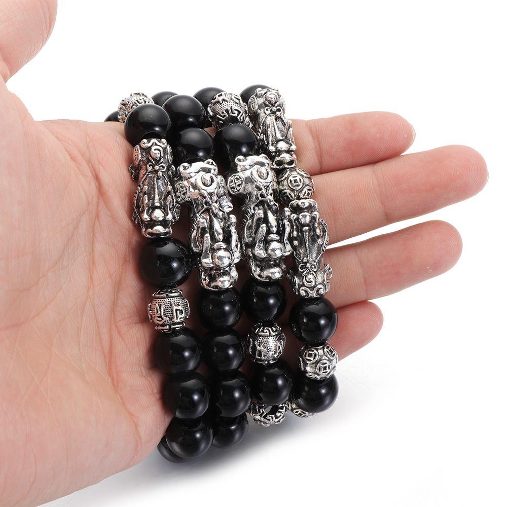 Браслет-манжета «Удача и богатство» Черный браслет Фэн-шуй Серебряный браслет PiXiu Obsidian