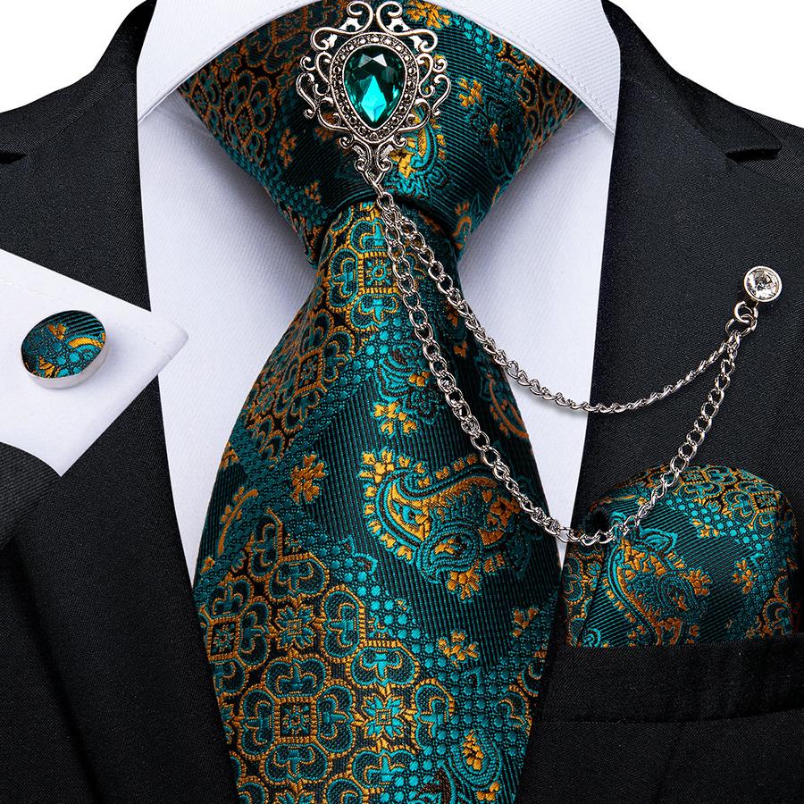 Dibangu Новинка, галстуки для мужчин, зеленый галстук с брошью, шелковый галстук, носовой платок, запонки, винтажные