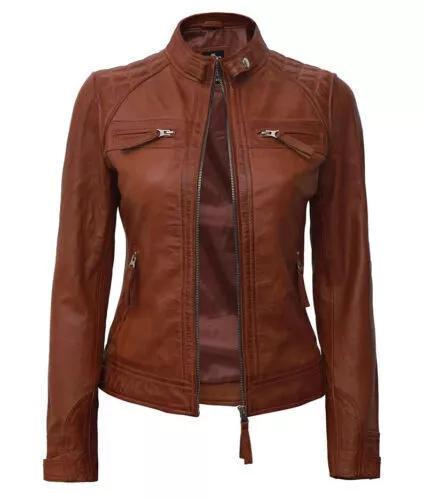 Brown Stylish Women's Leather Jacket Handmade Genuine Lambskin Biker Motorcycle