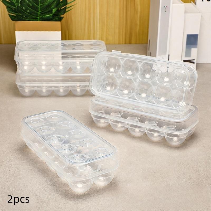 Set of 2 stackable transparent egg storage boxes with flip lids for easy access and freshness preservation | Comes with a plastic egg rack