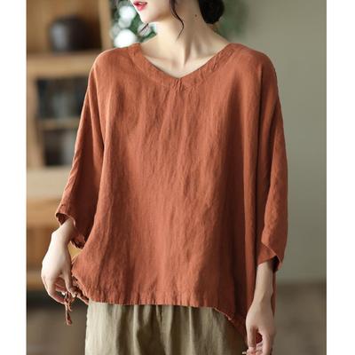 Женская одежда, винтажная, простая, на шнурке, свободного покроя, уличная, хлопковая футболка, летние модные, с V-образным вырезом, с коротким рукавом, однотонные топы