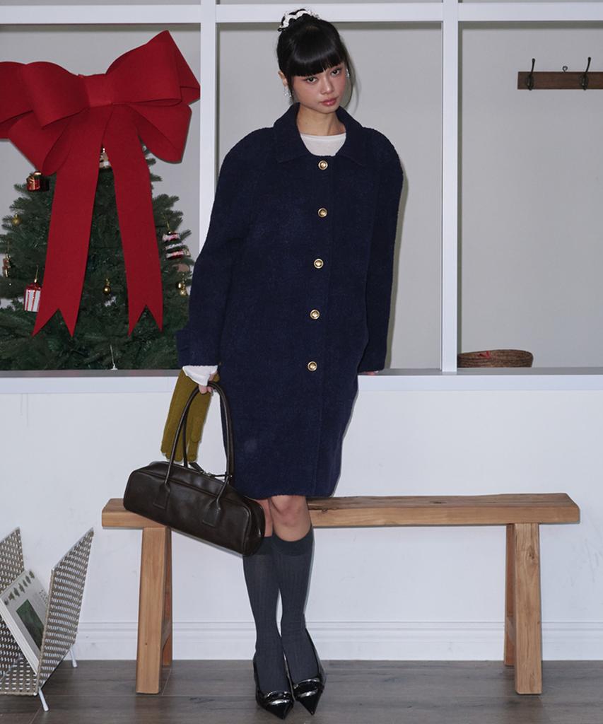 Opening Sunshine Boucle Raglan Single Wool Long Coat_Navy