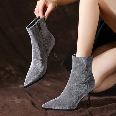 Женские сапоги осень 2024 года, модные остроносые ботильоны на шпильках, мягкие бархатные ботильоны на молнии, сексуальные ботильоны с пайетками на высоком каблуке для вечеринок