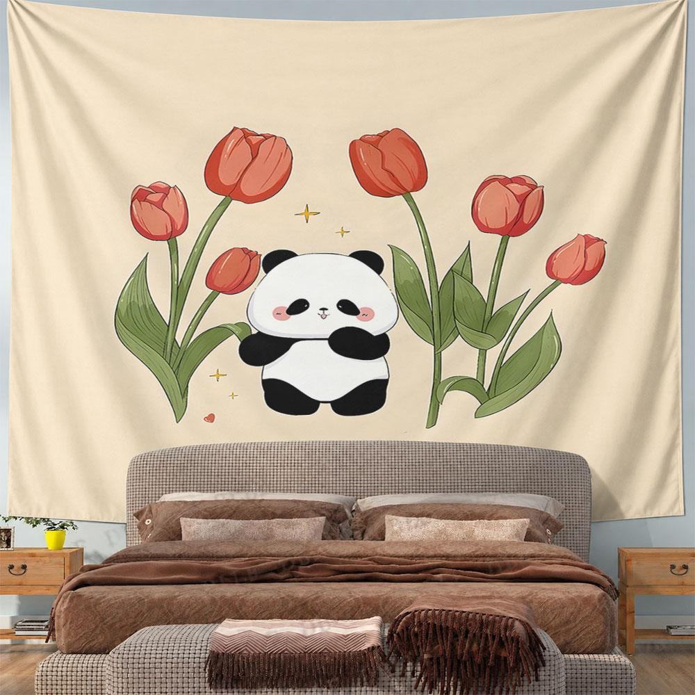 Cute Panda with Red Tulips Design Pattern Wall Hanging Tapestry Decorative Tapestry Home Decor for Bedroom and Living Room
