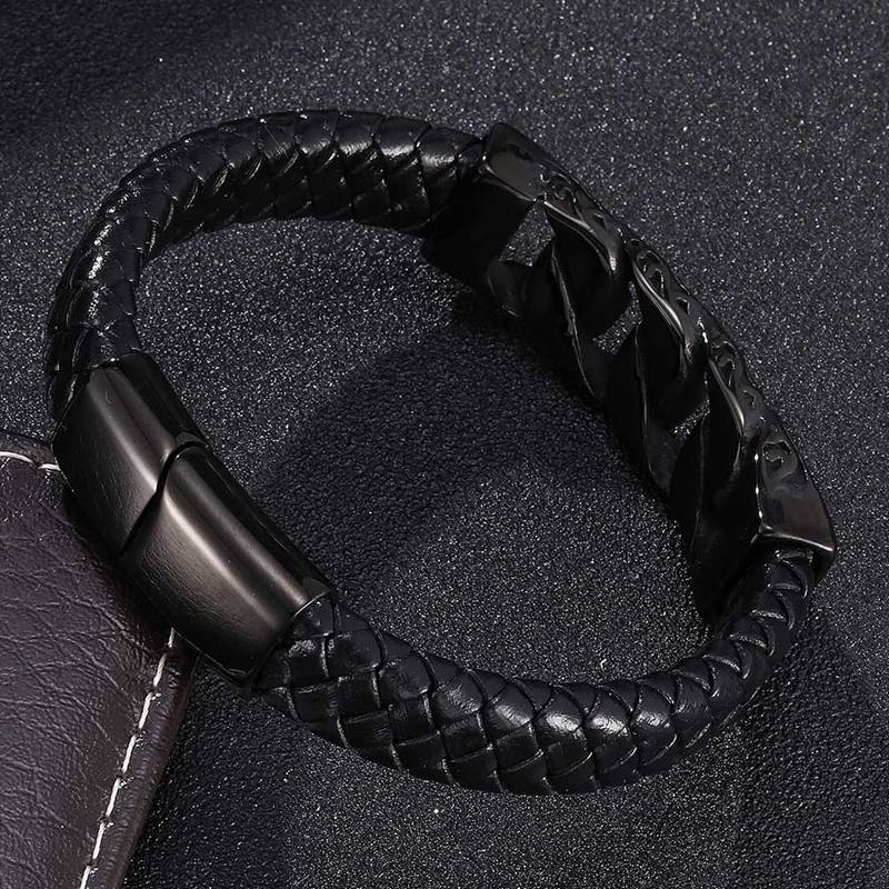 Модные мужские украшения из натуральной кожи, черный браслет с подвесками и стальной пряжкой, мужские украшения, подарок на день рождения