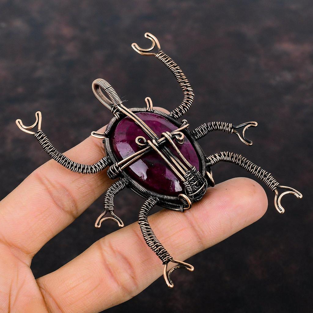 Граненый кашмирский рубиновый кулон, медная проволока, кулон, ювелирные изделия ручной работы из медной проволоки, изысканный кулон с драгоценным камнем, кулон с жуком, подарок для мамы