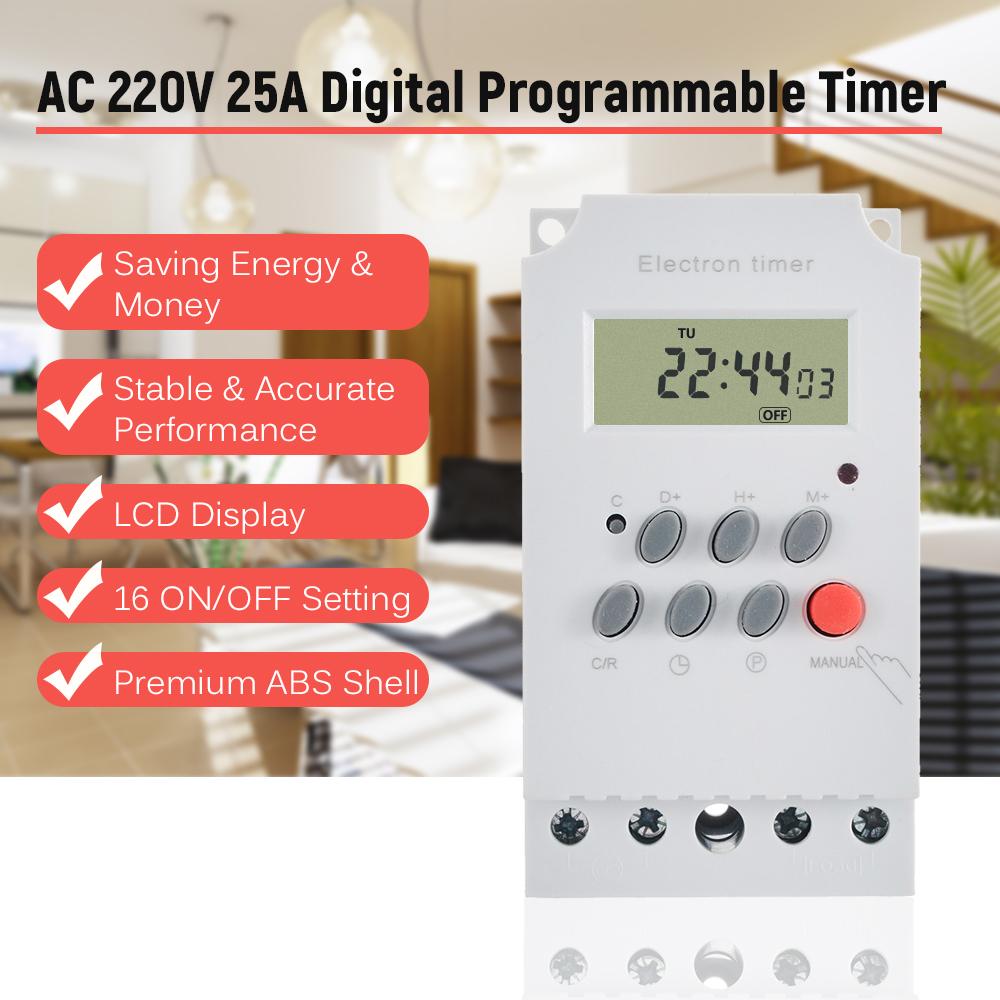 Цифровой программируемый таймер AC 220V 25A, электронный контроллер на DIN-рейку с ЖК-дисплеем и часами