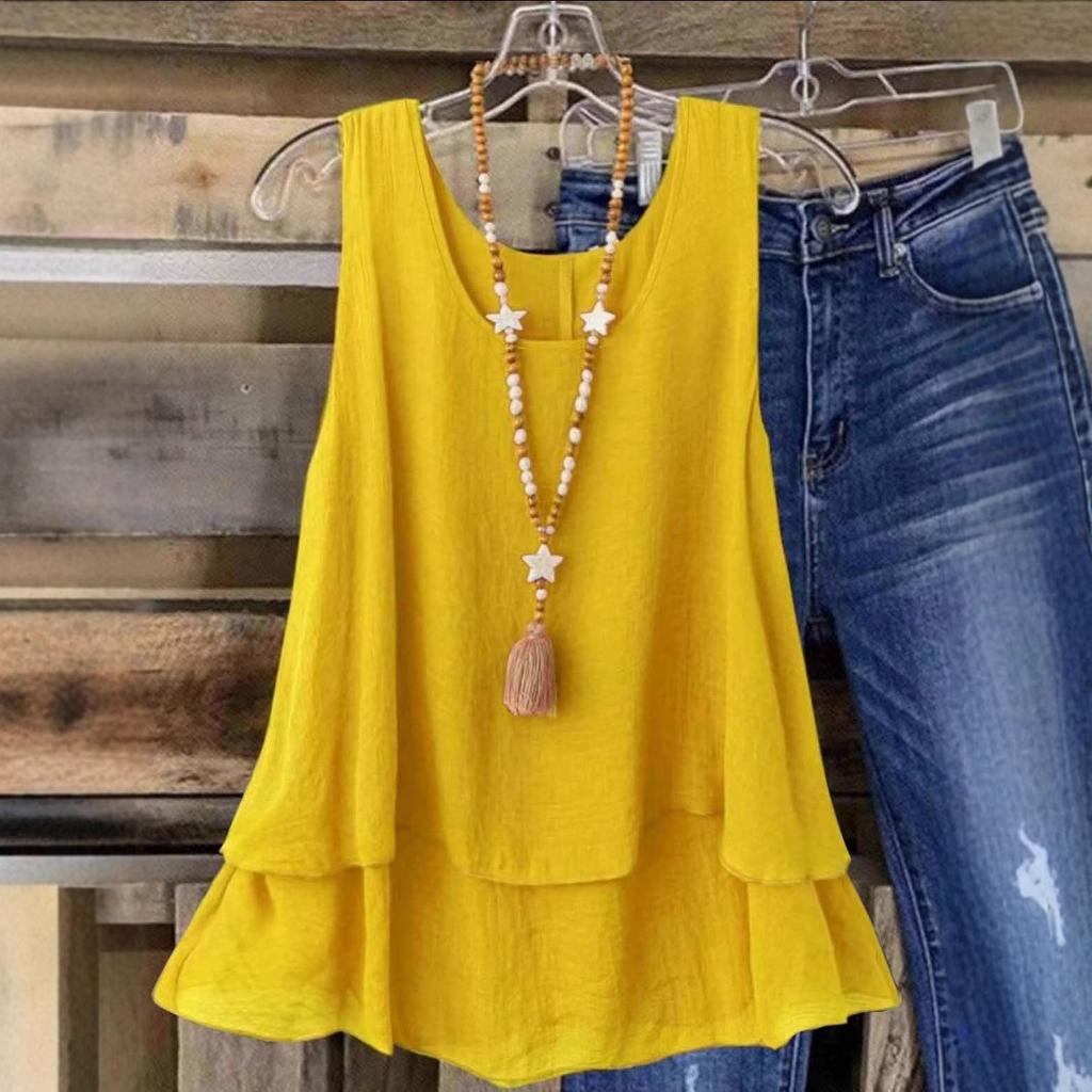 2025 Women's Summer New Solid Color Casual Sleeveless U-Neck Fake Two Layers T-Shirt