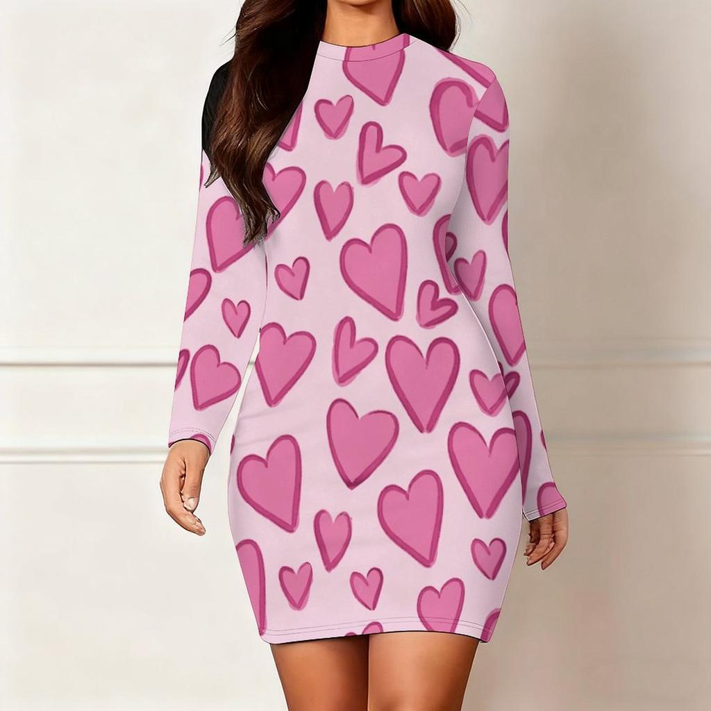 2025 Осень и Зима Новое 3D Принт с Любовным Узором и Окрашивание Женская Мода Платье с Длинным Рукавом и Круглым Вырезом, Облегающее Бедра Ограниченная Серия ко Дню Святого Валентина