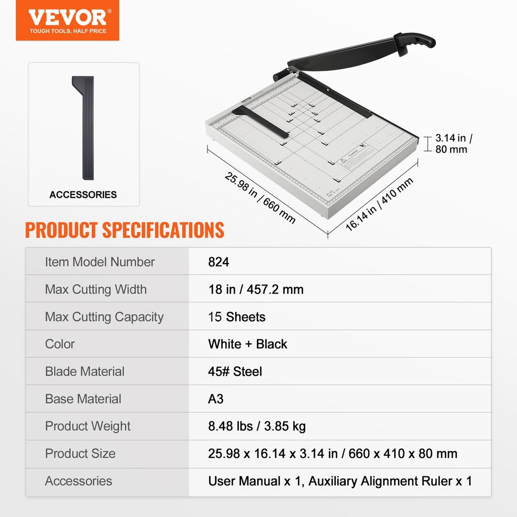 VEVOR Paper Cutter, Guillotine Trimmer, 457.2 mm Cut Length, 20 Sheets Capacity
