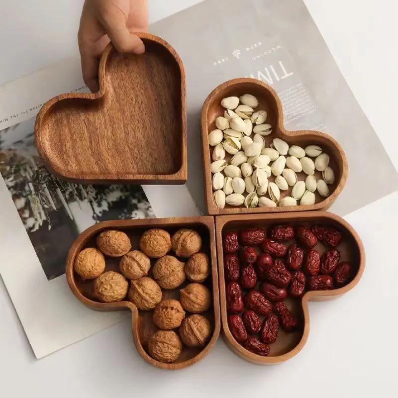 Candy Solid Wood Tray Stackable Dried Fruit Box Solid Fruit Tray Creative Walnut Tray Love Shaped Candy Box Whole Wood YLE9