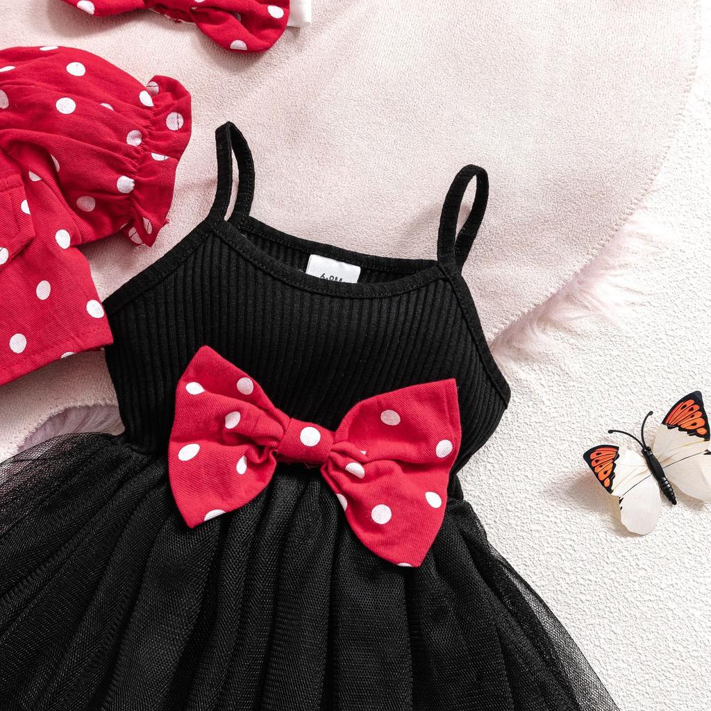 6M-3Y Children's Polka Dot Lapel Bubble Short-sleeved Jacket + Halter Bow Saree Girls Skirt Suit