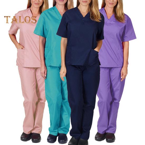 (S-2XL) Комплект брюк для медсестер, однотонный, эластичный, унисекс, с V-образным вырезом, карманами, быстросохнущая униформа, комплекты одежды для работы
