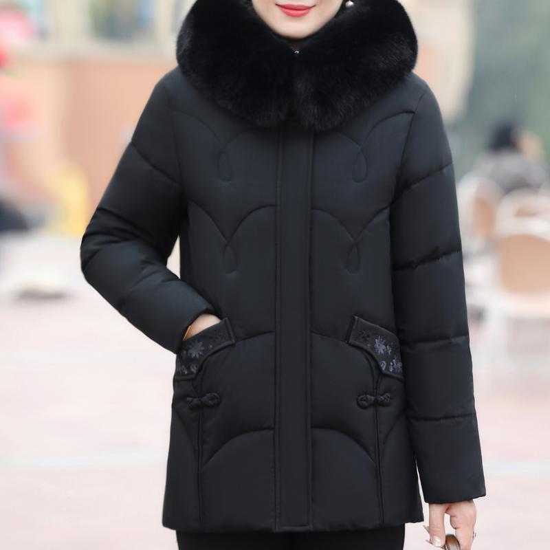 Middle Age Women's Winter Plus Size Jackets Elegant Faux Fur Collar Thick Warm Short Outerwears Loose Female Parkas Hooded