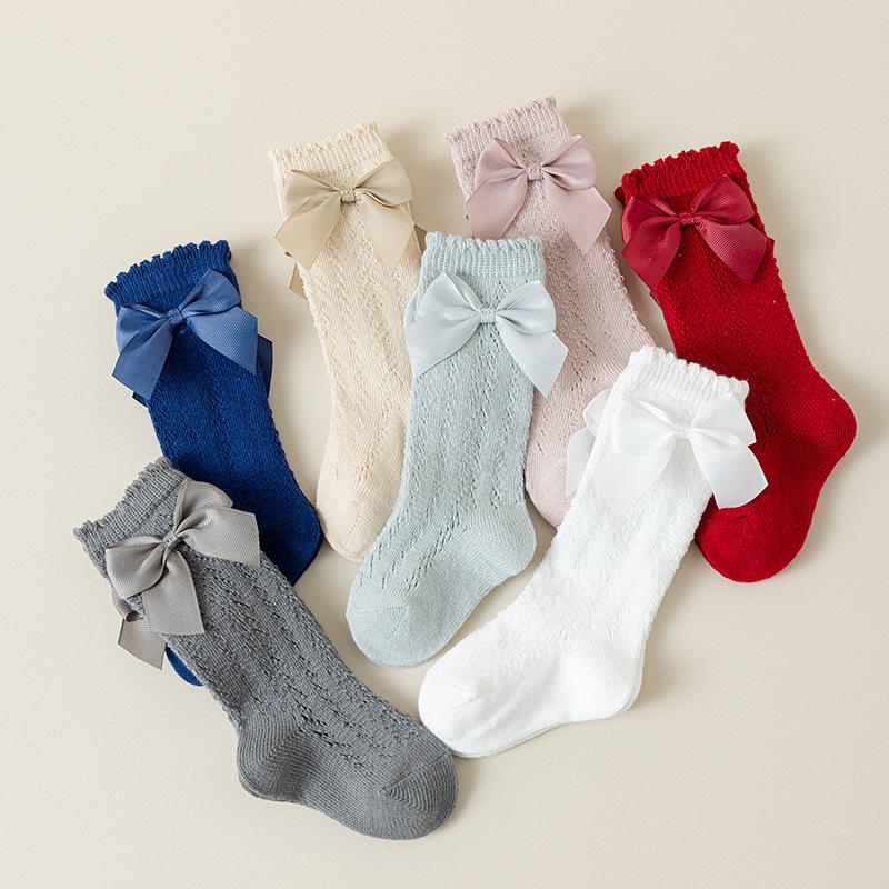 Baby Girl Knee High Socks with Bows Spring Summer Soft Cotton Ruffle Long Stockings Smooth Sole Infant Toddler Uniform Socks