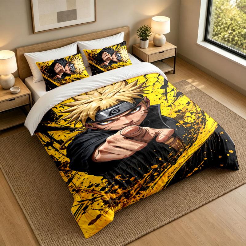 3Pcs Bedding SetNaruto U-Uzumakis Soft Bed Sheet and Two Pillowcases Home Bedroom Decor