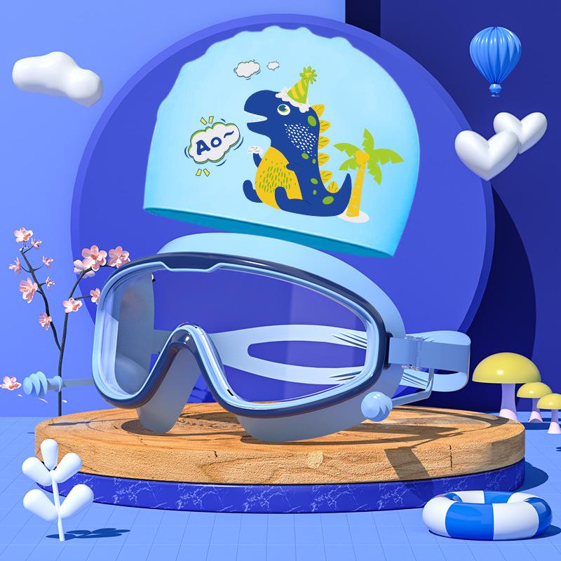 Комплект из очков и шапочек для плавания, детские очки с большой оправой, водонепроницаемые, противотуманные, для мальчиков и девочек, плавательные очки с рисунком, шапочка для купания