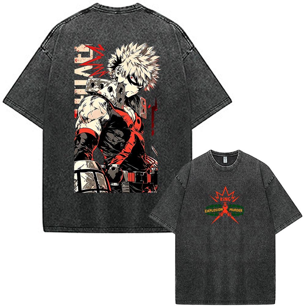 Anime My Hero Academia Vintage Washed T Shirts Katsuki Bakugo Graphic T-shirt Men's Women Cotton Oversized Short Sleeve T Shirt