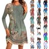 Women's Fashion Casual Print Round Neck Long Sleeve Short Side Pocket Dress