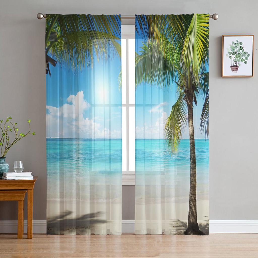 Beach Sky Clouds Coconut Trees Sea Landscape Curtains Tulle For Living Room Bedroom Kitchen Chiffon Sheer Window Treatment Decor