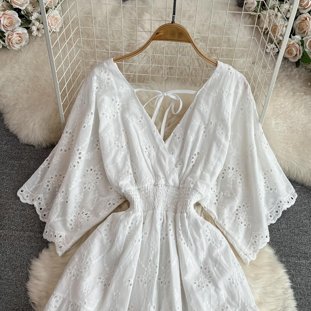 Винтажное полое платье с вышивкой и высокой талией, сказочное платье трапециевидной формы с короткими рукавами, шикарное летнее пляжное платье, женский сарафан для отпуска