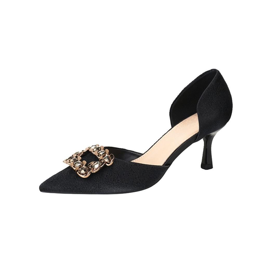 Черные туфли на высоком каблуке женские 2024 новая весна французский темперамент квадратная пряжка стразы тонкий каблук одинарная обувь не устают ноги женская обувь